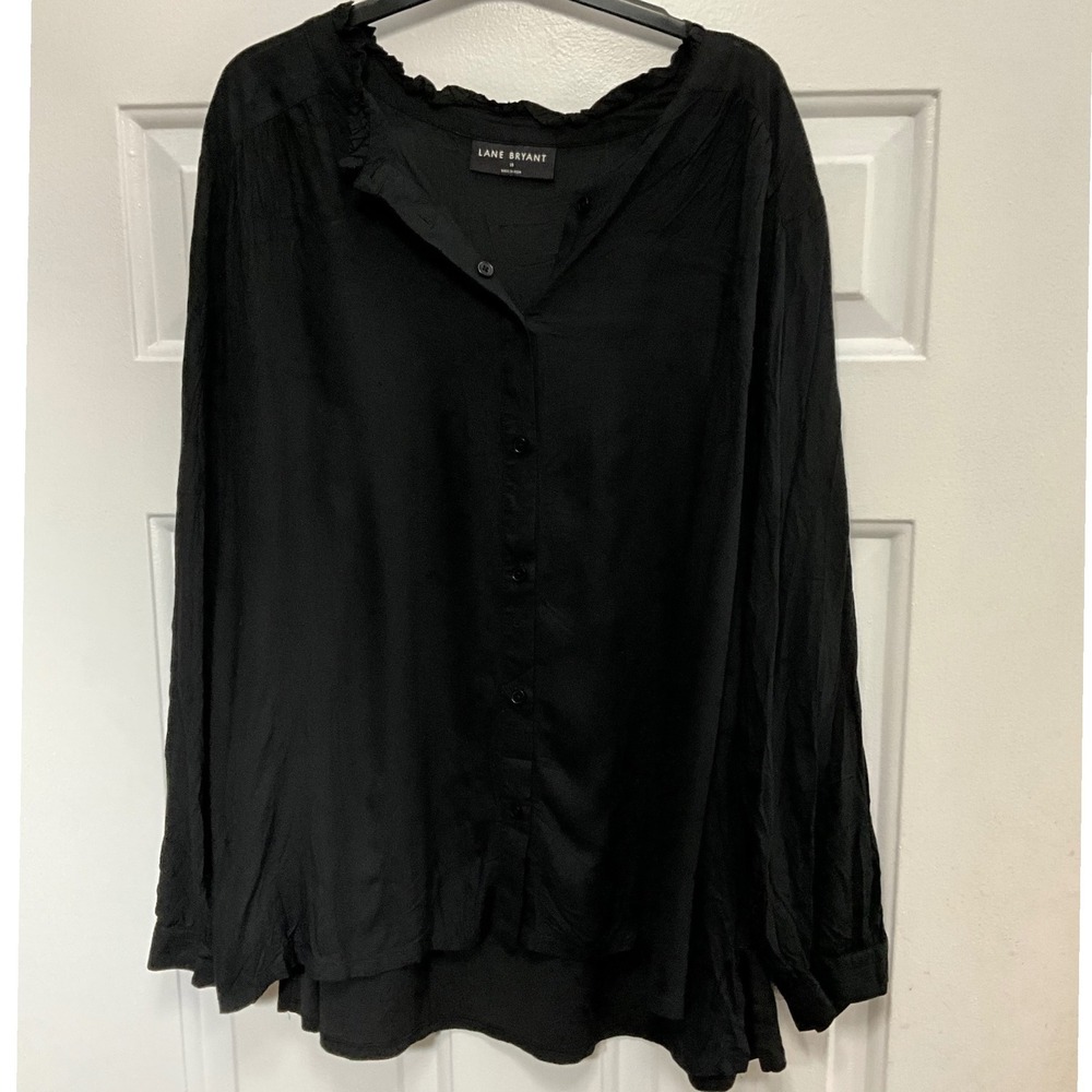 Lane Bryant Black Ruffle Neck Button Down Blouse Top Women Size 18 Mixed Media